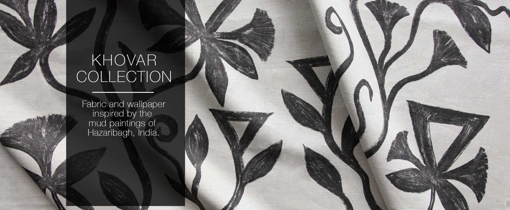 khovar-story_cover khovar collection form l'aviva home. printed linen fabric and wallpaper inspired by the large scale mud paintings of Hazaribagh, India.
