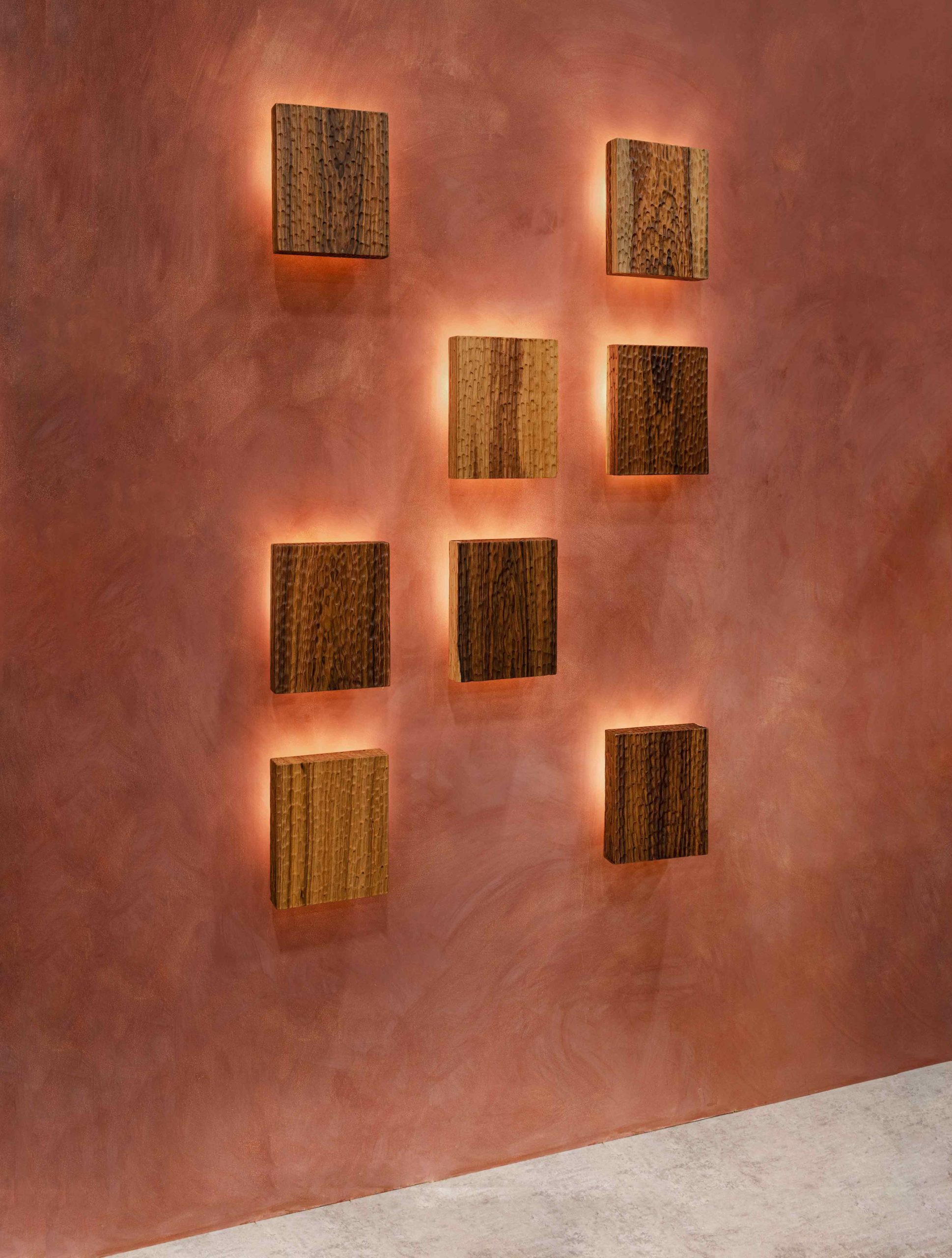 Martillado-Sconces_wood-sconces-on-terra-cotta-lime-wash-walls-and-concrete-floor_side Tropical hardwood sconces on terra cotta lime washed wallls and concrete floors
