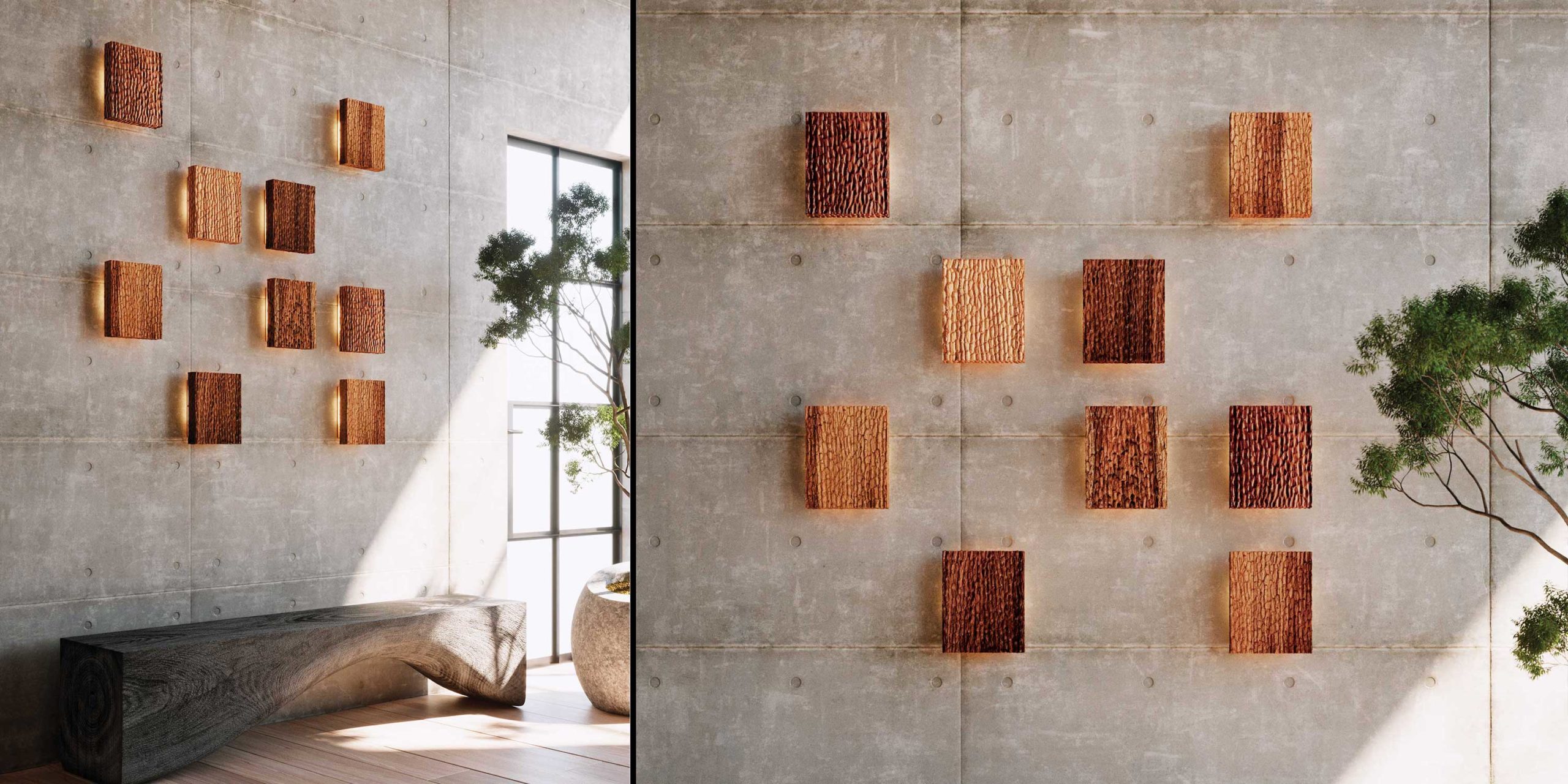 Martillado-lighting-collection_banner Martillado tropical modern chiseled wood sconces with brass detail