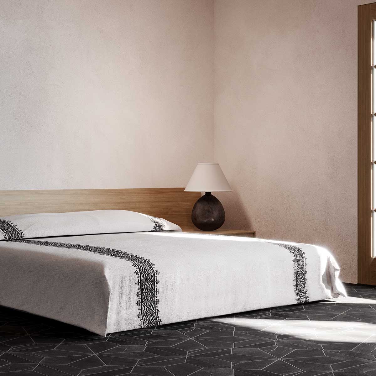 Moroccan-Tarz-Coverlet_Embroidered-Band-Black_Natural-White-Cotton-on-bed_slide2 Moroccan Tarz Blankets, luxurious cotton bedspreads